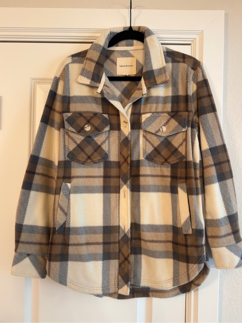 Thread & Supply Cream and Brown Plaid Shacket Jacket